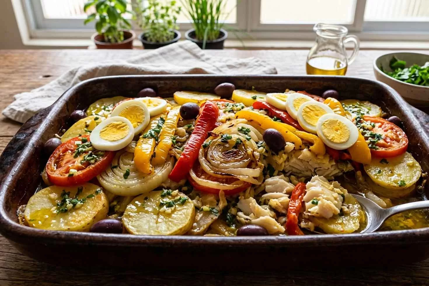 Bacalhoada com batata de forno simples e suculenta